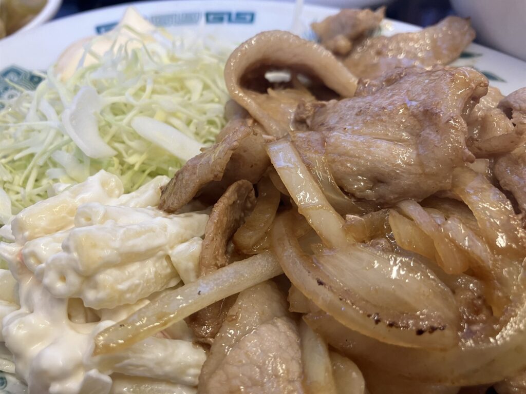 生姜焼きと千切りキャベツ、マヨネーズがかかった付け合わせ