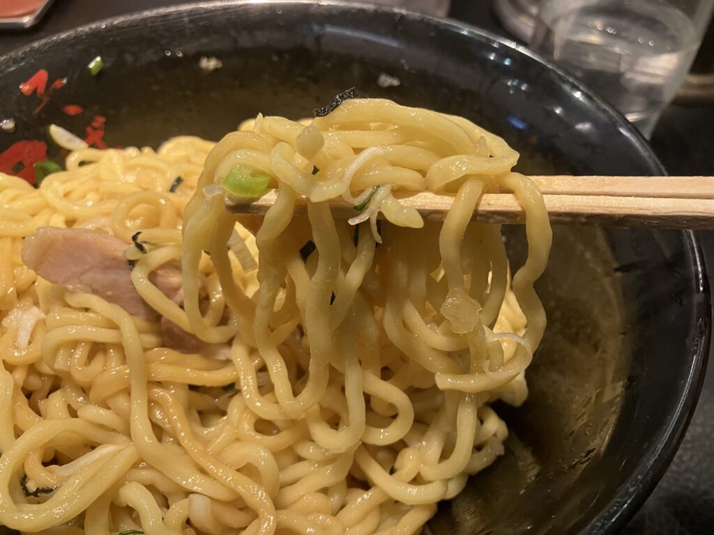 箸で持ち上げたコシのあるもっちり太麺